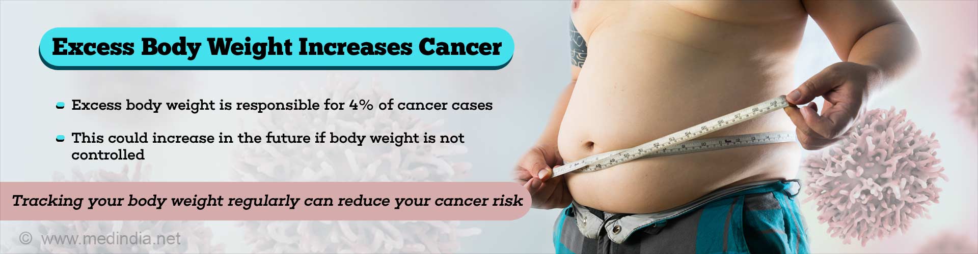 Excess body weight increases cancer. Excess body weight is responsible for 4% of cancer cases. This could increase in the future if body weight is not controlled. Tracking your body weight regularly can reduce your cancer risk.
