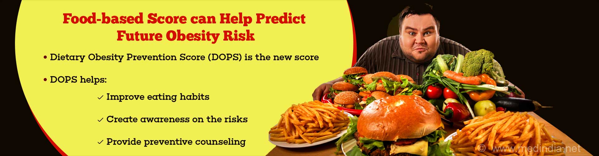 Food-Based Score can help predict future obesity risk. Dietary Obesity Prevention Score (DOPS) is the new score. DOPS helps improve eating habits, create awareness on the risks and provide preventive counseling.
