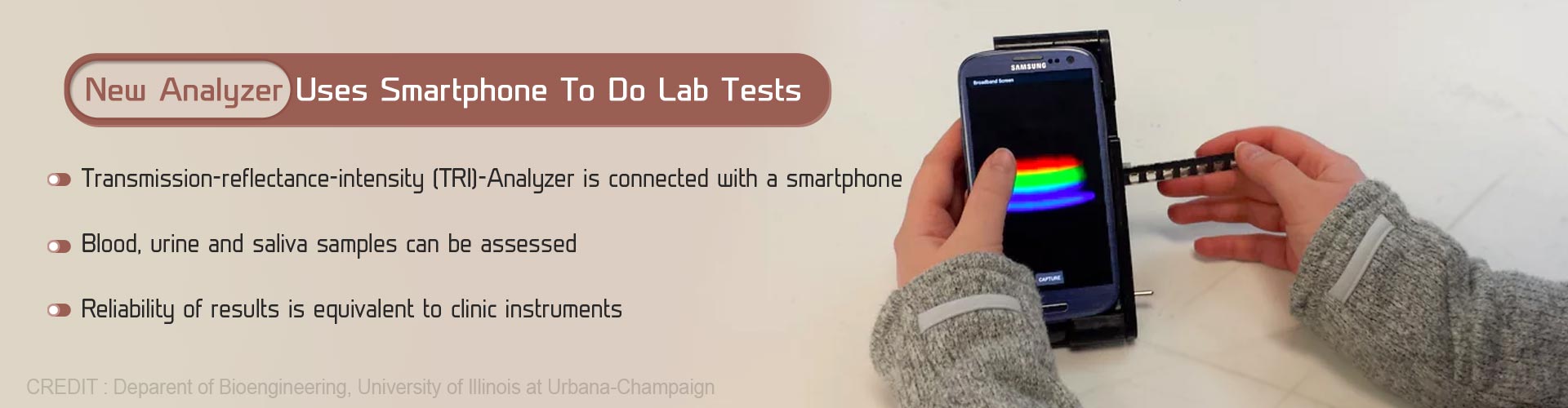 new analyzer uses smartphone to do lab tests
- transmission-reflectance-intensity (TRI) analyzer is connected with a smartphone
- blood, urine and saliva samples can be assessed
- reliability of results is equivalent to clinic instruments