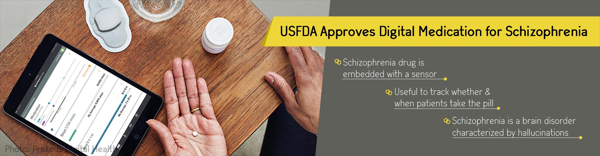 usfda approves digital medication for schizophrenia
- schizophrenia drug is embedded with a sensor
- useful to track whether & when patients take the pill
- schizophrenia is a brain disorder characterized by hallucinations