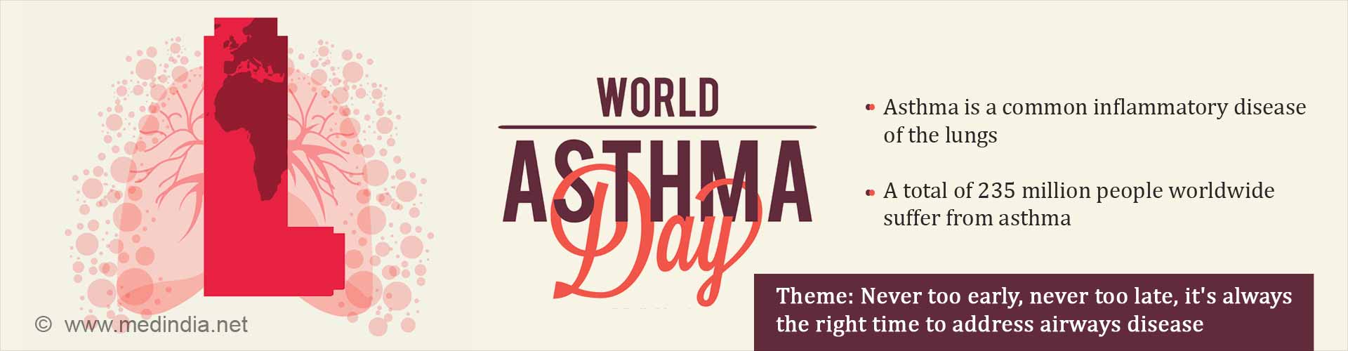 world asthma day
- asthma ia a common inflammatory disease of the lungs
- a total of 235 million people worldwide suffer from asthma
Theme: Never too early, never too late, it''s always the right time to address airways disease