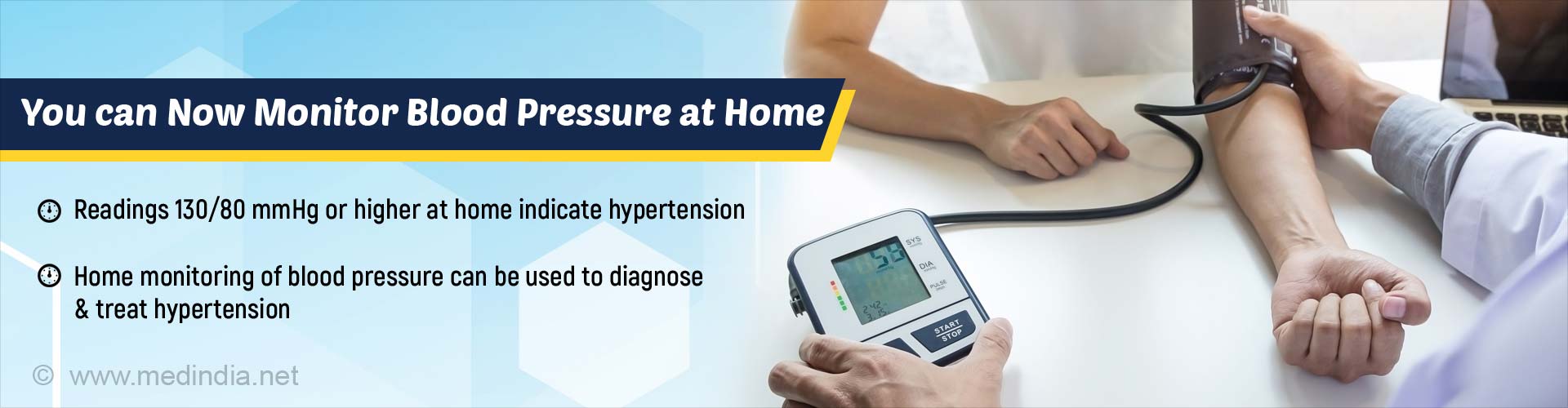You can now monitor blood pressure at home. readings 130/80 mmHg or higher at home indicate hypertension. home monitoring of blood pressure can be used to diagnose and treat hypertension.